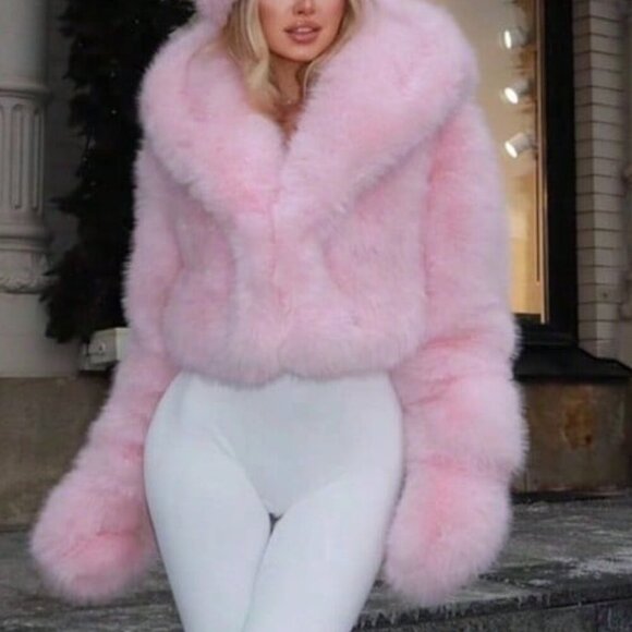 Pink Cute Women's Coat Jacket Faux Fox Fur Hooded Fleece Jacket - Picture 4 of 4
